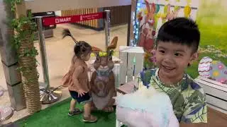 21 months old baby Bella eating cotton candy first time with brother
