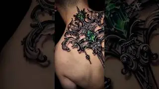 Color realistic emerald sword neck back tattoo artist Ryan Ashley #tattooartist #tattooprocess