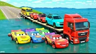 TRANSPORTING CARS & FRUITS WITH COLORED TRACTORS  Speedbumps vs Cars Train Vs Water #13 BeamNG.drive