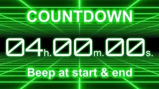 4 Hour Countdown Timer | Start/End Beeps | Neon Green Grid | 4K