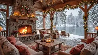 Cozy Winter Porch on a Snowy Day ❄️ Relaxing Piano Music & Fireplace Ambience for Study, Work, Sleep