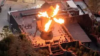 Aerial video of fire testing of The Burning Blade Tavern in Epic Universe