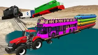 Three Limousine Long Cars Cabriolet Bus Flatbed Trailer Tractor Rescue - Car vs Train and Deep Water