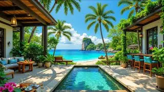 Beach Cafe Ambience with Relaxing Bossa Nova Jazz and Calming Ocean Waves for Relax, Stress Relief
