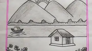 Simple Village scenery Line Drawing 🌄 Boat.Howse and Mountain Sketch 🏔️