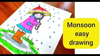 Monsoon drawing | Rainy season drawing | Monsoon art | Cute girl drawing | How to draw Rainy season