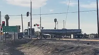 LOF67 Union Pacific manifest freight train through Oxnard California. +switching and near miss