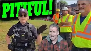 MANHANDLED! Girl COP Just Can't Save Burly Line Men from a Camera Man