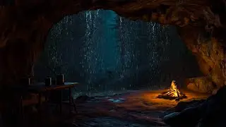 Hide in a Cozy Cave at Night | Sheltered From the Storm with Rain and Fireplace for Better Sleep