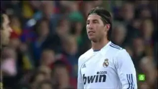 The first yellow card for Sergio Ramos for violation of  to david villa