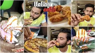 Bbq smoked chicken pizza, Blue berry waffle, fried chicken wings, cold coffe with ice cream