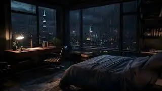 Soothing Cityscape Night Rain Sounds on Window in a Cozy Room | Sleep Therapy
