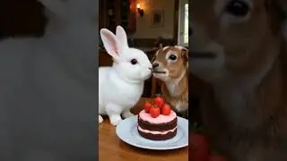 rabbit and goat is eating a strawberry cake in a plate#friendship #goat #rabbit #trending