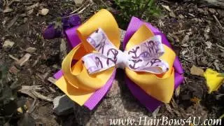 Purple Yellow Gold Peace Sign Triple Layered Grsosgrain Hair Bow - video clip