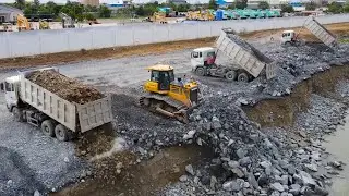 Fantastic Team! Expert Driver Bulldozer Clearing Stone and Dump Truck Remove Stone into Deep Lake