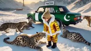 Golden Pakistani Kid with Snow Leopards & Flag Car in Ice Mountains 🐆🇵🇰 #snowleopard 