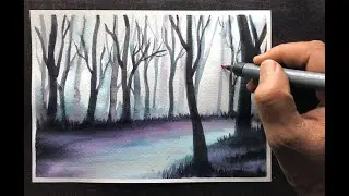 Forest Landscape Drawing with Brush Pen for Beginners - Step by Step | Brush Pen Tutorials