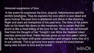 to night I can write the saddest lines by Pablo Neruda poem summary