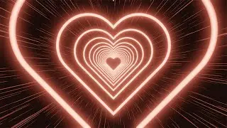 Neon tunnel of light red hearts on a black striped background. Video Loop