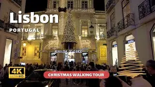 🔴Night illumination Lisbon - walking tour 4K with Captions- Portugal no cut