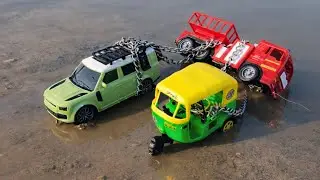 Mhindra Tractor Military Truck Accident Mud Pulling Out Defender Car Auto Rickshaw | Jcb Toy | Kids 