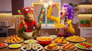 🍔😋MONKEY SPIDER Makes a Meal for RUMI KPOP DEMON HUNTER Ep.3🍗 ASMR MONKEY COOKING