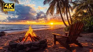 Tropical Beach Sunset Ambience with Crackling Fire & Ocean Waves &ndash; Relaxing Video for Stress Relief