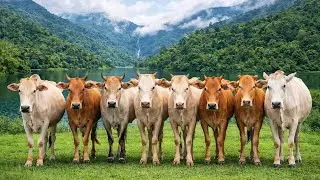 Kawanan sapi lembu moo berjalan dengan kawanan menuju Padang rumput hijau, suara sapi lembu jinak.
