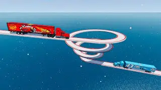 Mack Truck vs Dinoco vs Impossible Triple Loop Bridge Car Rescue   Cars vs Deep Water|BeamNG.Drive