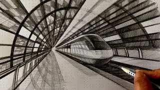 How to Draw Railway Station Train in 1 Point Perspective