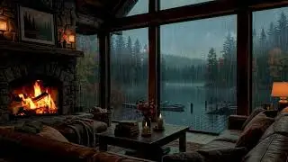 Relaxing Evening Rain in Cabin | Crackling Fire, Thunder & Smooth Jazz &ndash; 1 Hour
