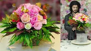 Round flowers bouquet in a diamond vase || Flower arrangement tutorial