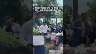 NYC mayor Eric Adams sniffing a bag of weed