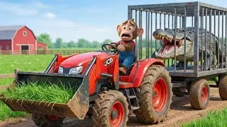 Sudden Crocodile Attack! Monkey Driving an Excavat