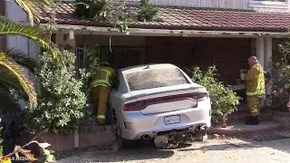 DODGE CHARGER CATCHES AIR AND SLAMS INTO HOUSE | West Hills #LAFD USAR