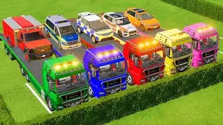 TRANSPORTING EMERGENCY FLEET WITH MAN TRUCK! Ambulance, Police Cars & Fire Trucks - FS22