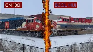 CN 100 Unit & BCOL Heritage Unit! CN Q107 at Mile 18.5 Bala with 3879/3115/3266 & MDPU 2831
