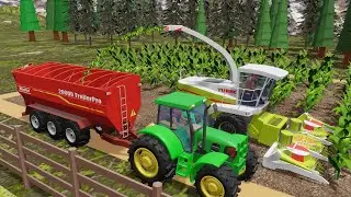 Tractor and Corn Harvest - Forage Harvester and Self Unloading Big Trailer in Action