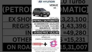 HYUNDAI VENUE SX PETROL AUTOMATIC ON ROAD PRICE