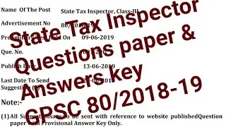 State Tax Inspector question paper and Answer key, Class-3 Class-3  Finance Department 09/06/2019