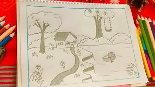 সহজ কৌশলে  গ্রামের প্রাকৃতিক দৃশ্য আঁকা / Beautiful  village scenery Drawing easy. #art #scenery 
