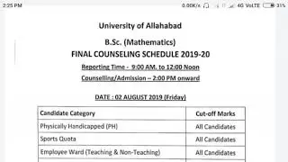 Allahabad University BSc Maths Final Cutoff 2019 -20 | Allahabad University Result 2020