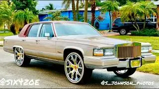 1992 Cadillac brougham on 24 inch Kraze wheels gold plated by stn customs