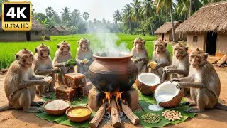 Monkey Cooking Village | Pongal Festival Sweet Rice Feast &mdash; Coconut Milk & Jaggery (4K ASMR)