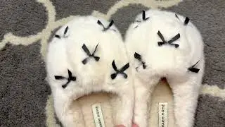 Fuzzy house shoes with black bows/cozy plush slippers for women