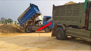 Land Truck Stop Bulldozer Pushing Soil Dumping loading working Amazing dump trucks unloading soil