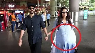9 Months PREGNANT Neha Dhupia Flaunts Her Huge Baby Bump At Airport
