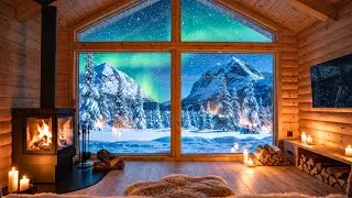 Cozy Winter Cabin Night 🔥 Arctic Fireplace Ambience & Soft Jazz Music