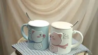 Ebros Pack Of 2 Valentines Love Pigs Blue And White Coffee Mugs With Lid & Spoon 14oz