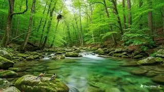 The water flows gently, there are beautiful natural forests and mountains,and the look so beautiful.
